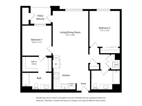 Floor plan for 2 beds, 2 baths, 1090 sqft